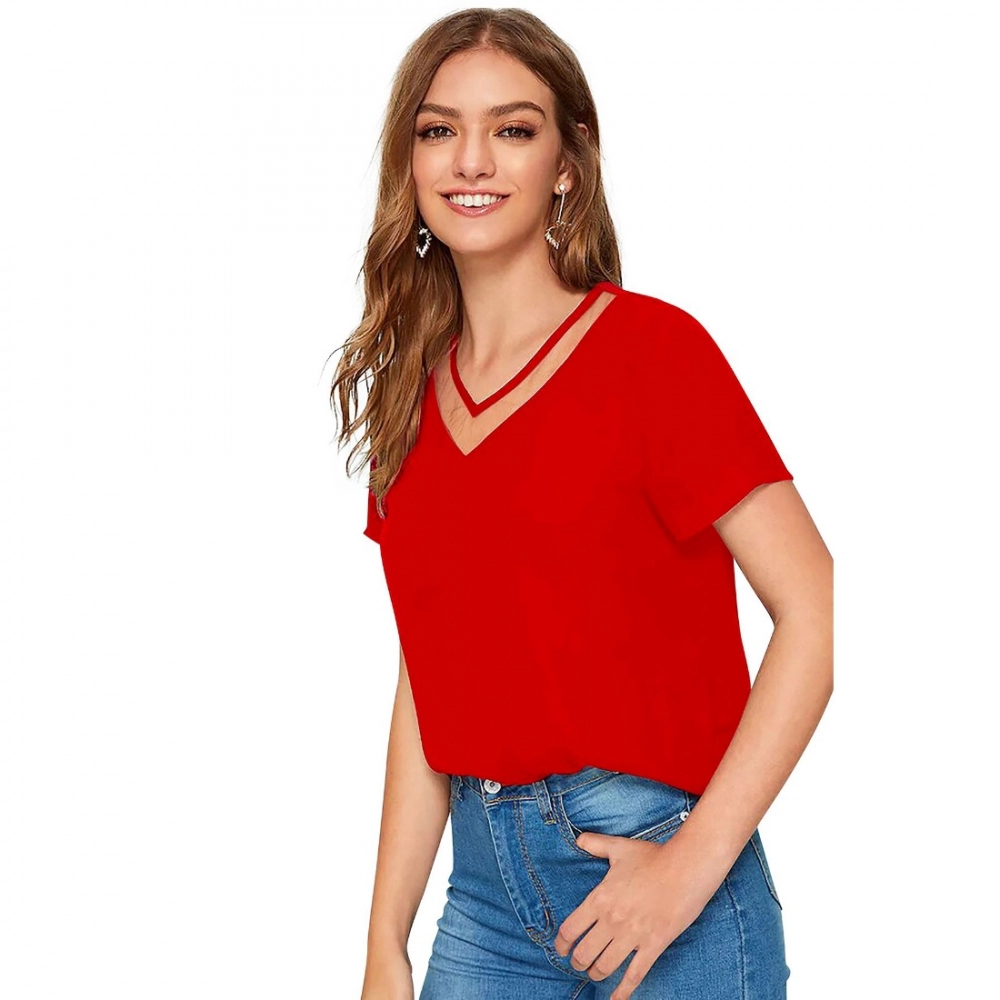 Generic Women's Polyester, Knitting Western Wear T-Shirt (Red) - Image 3