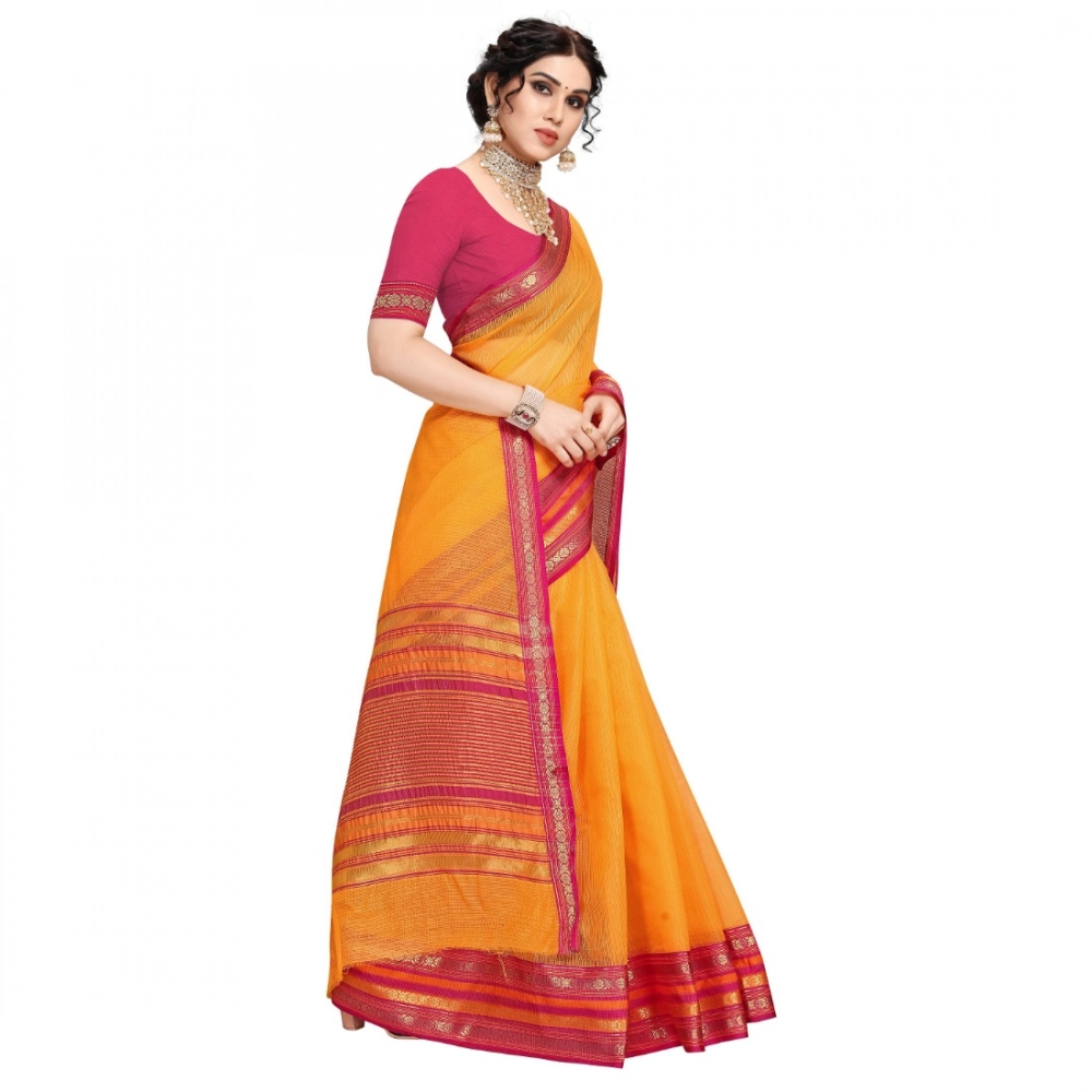 Generic Women's Kota Doria Cotton Bordered Saree With Blouse (Gold, 5-6 Mtrs) - Image 4
