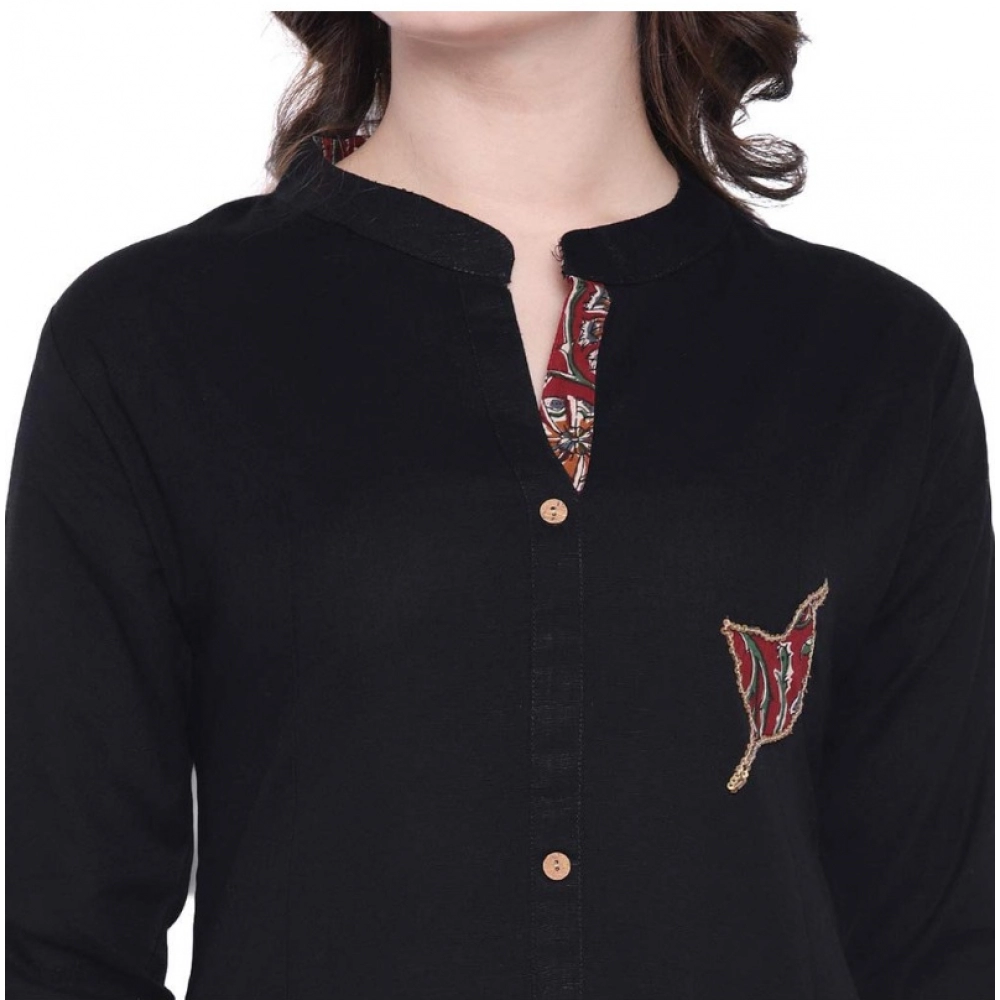 Generic Women's Khadi Printed A Line Kurti (Black, Khadi) - Image 2