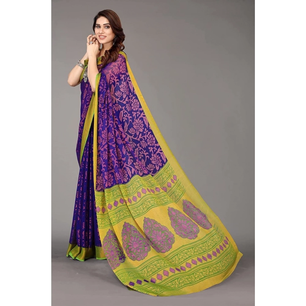 Generic Women's Viscose Rayon Printed Saree With Unstitched Blouse (Blue) - Image 5