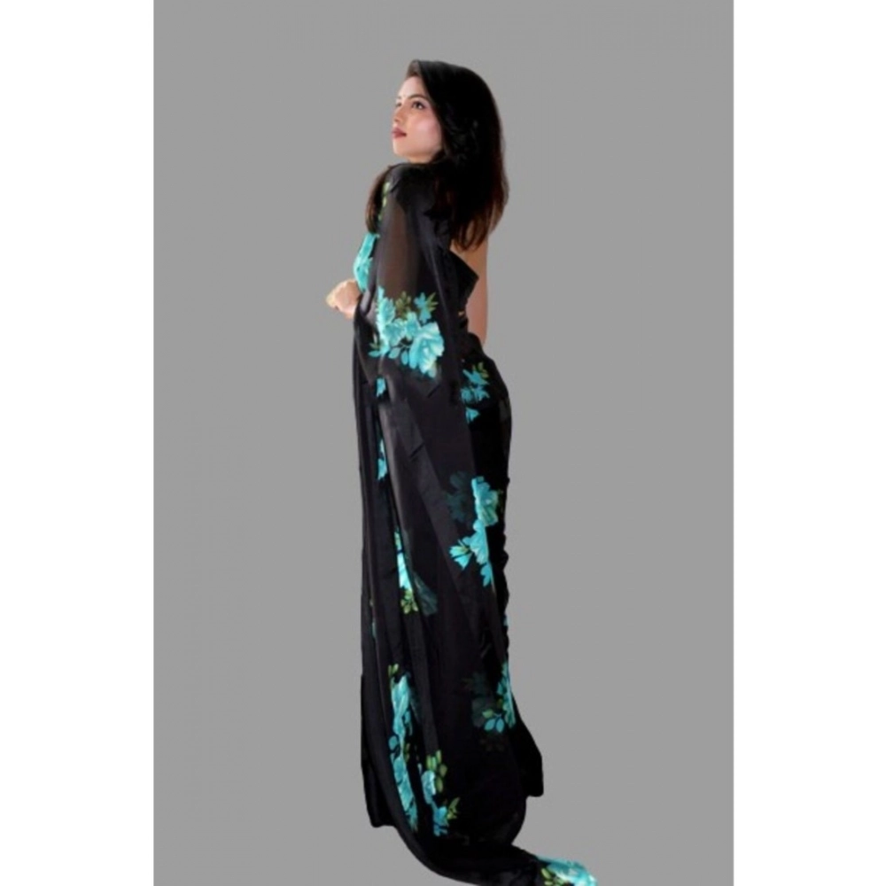 Generic Women's Satin Patta Printed Saree With Unstitched Blouse (Blue) - Image 2