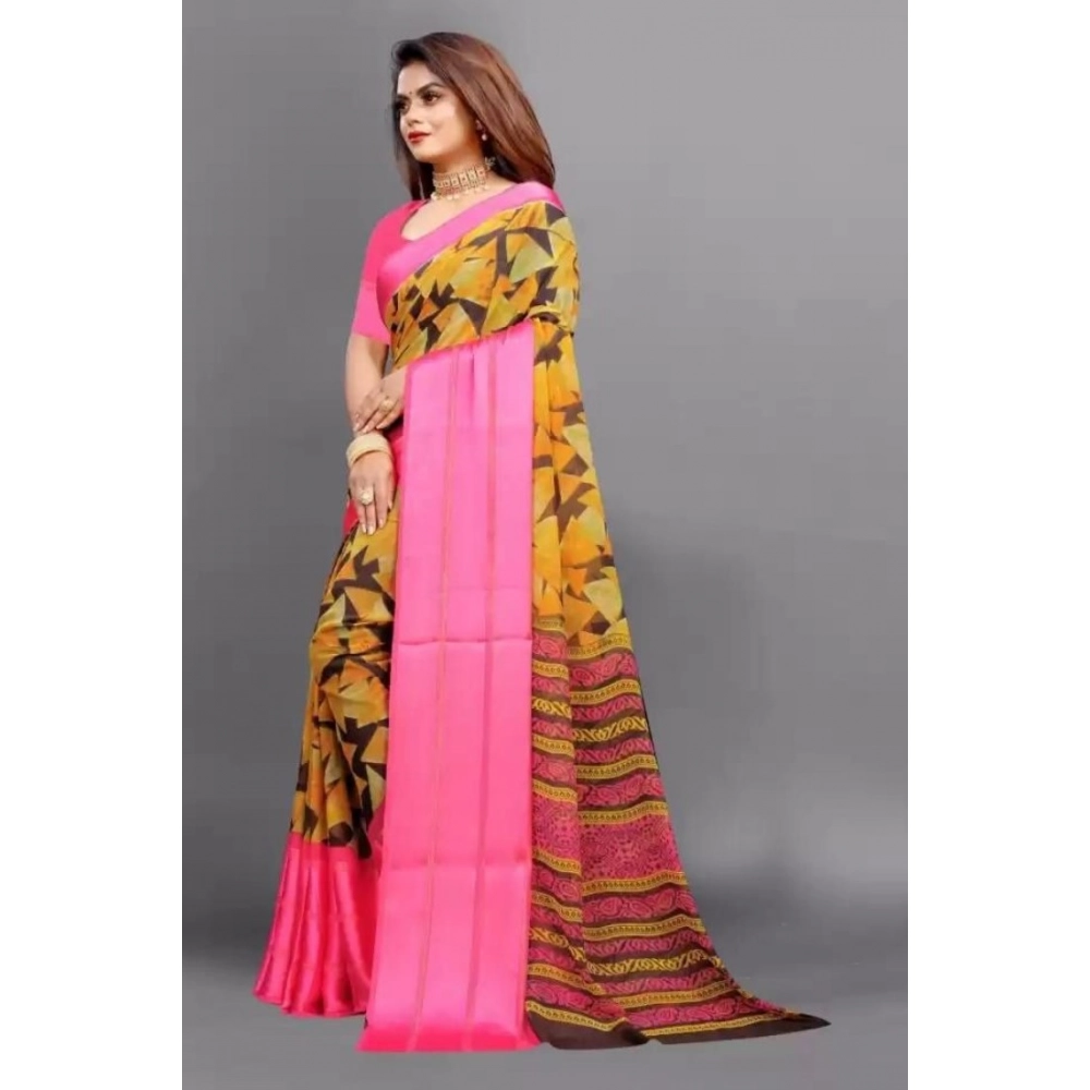 Generic Women's Satin Patta Printed Saree With Unstitched Blouse (Pink) - Image 3