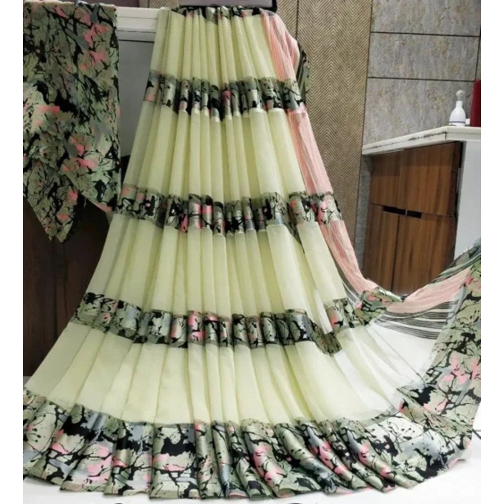 Generic Women's Satin Patta Printed Saree With Unstitched Blouse (Cream) - Image 2