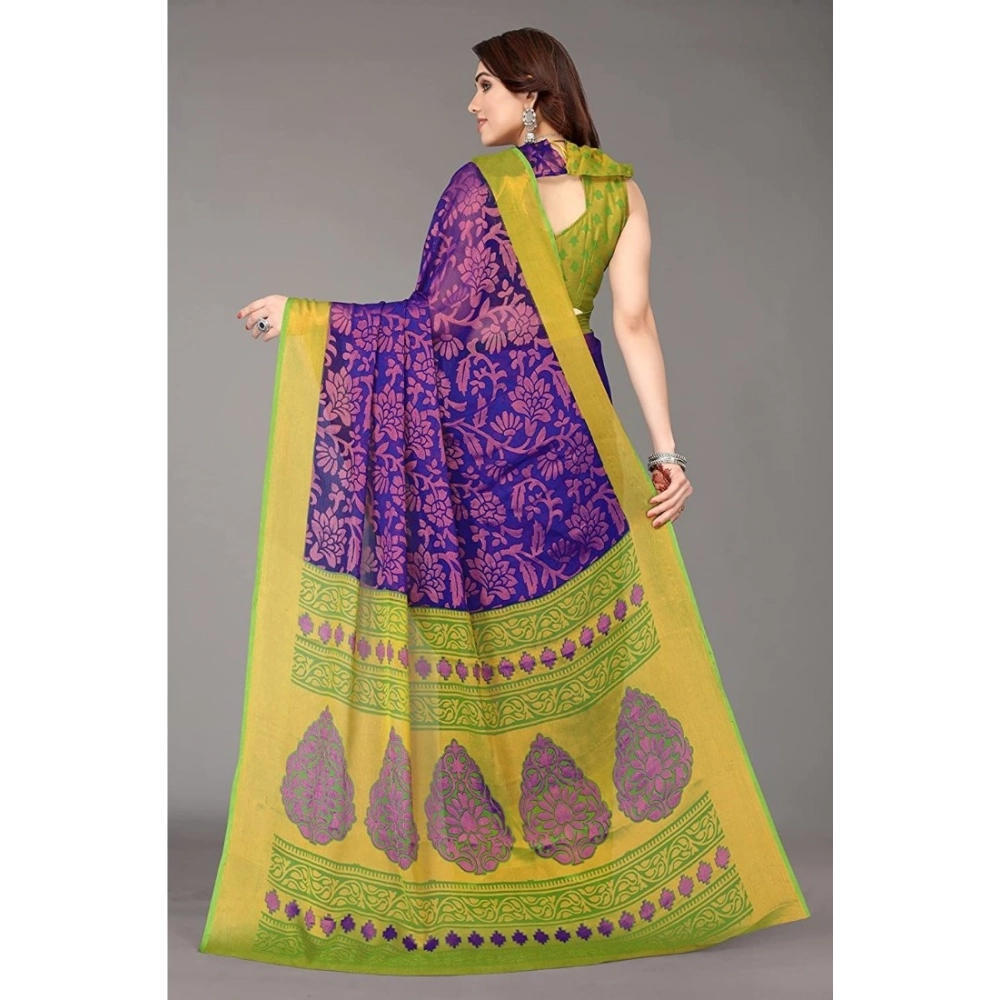 Generic Women's Viscose Rayon Printed Saree With Unstitched Blouse (Blue) - Image 4