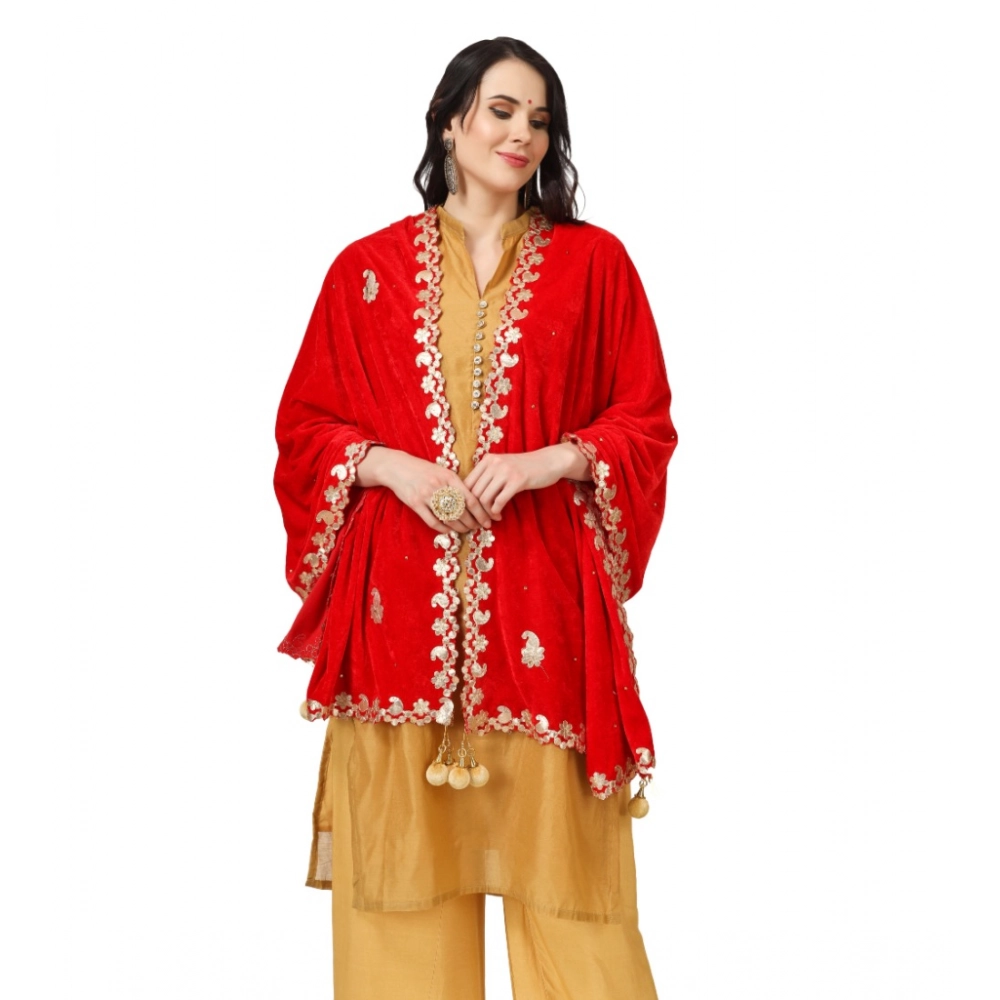 Generic Women's Velvet Gotta Patti Dupatta (Red, Length: 2.25 to 2.50 Mtr) - Image 3
