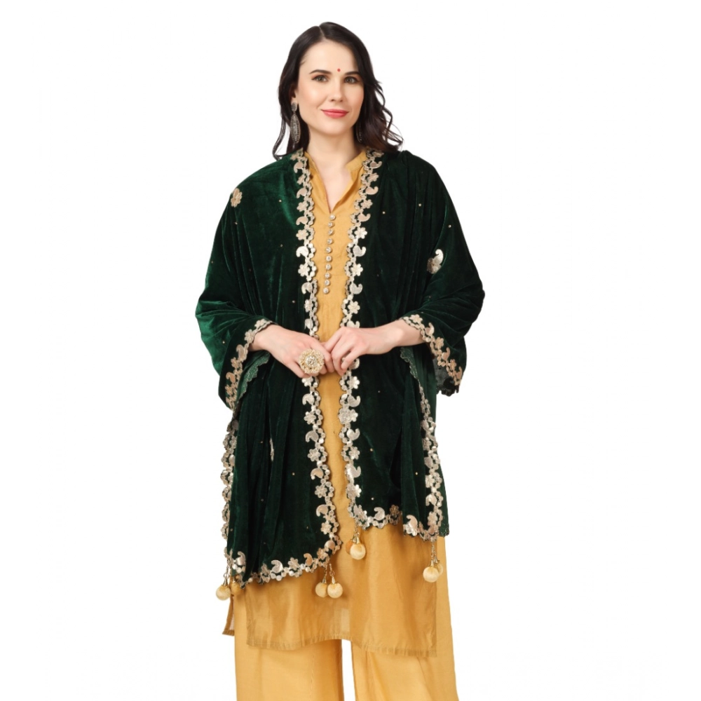 Generic Women's Velvet Gotta Patti Dupatta (Green, Length: 2.25 to 2.50 Mtr) - Image 3