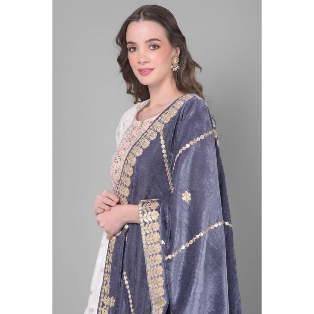Generic Women's Velvet Gotta Patti Dupatta (Grey, Length: 2.25 to 2.50 Mtr) - Image 2