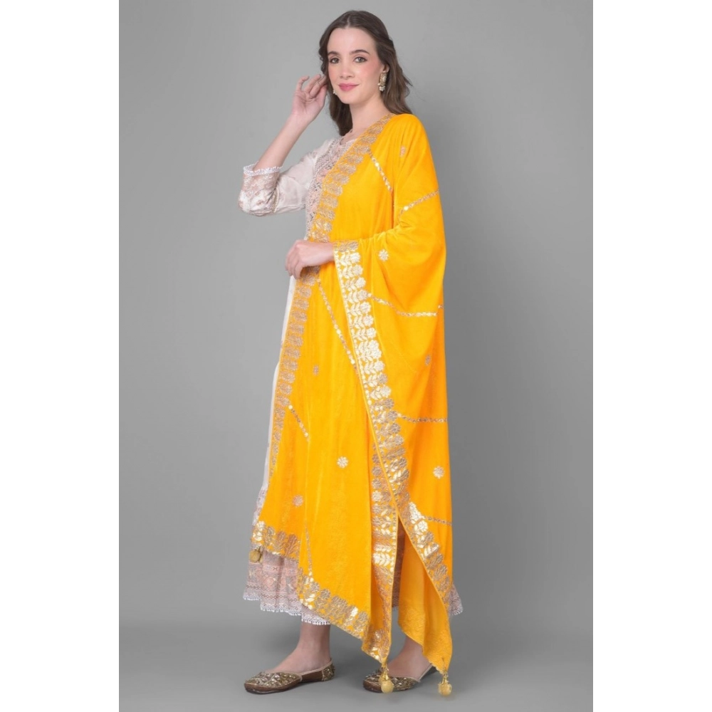 Generic Women's Velvet Gotta Patti Dupatta (Yellow, Length: 2.25 to 2.50 Mtr) - Image 3