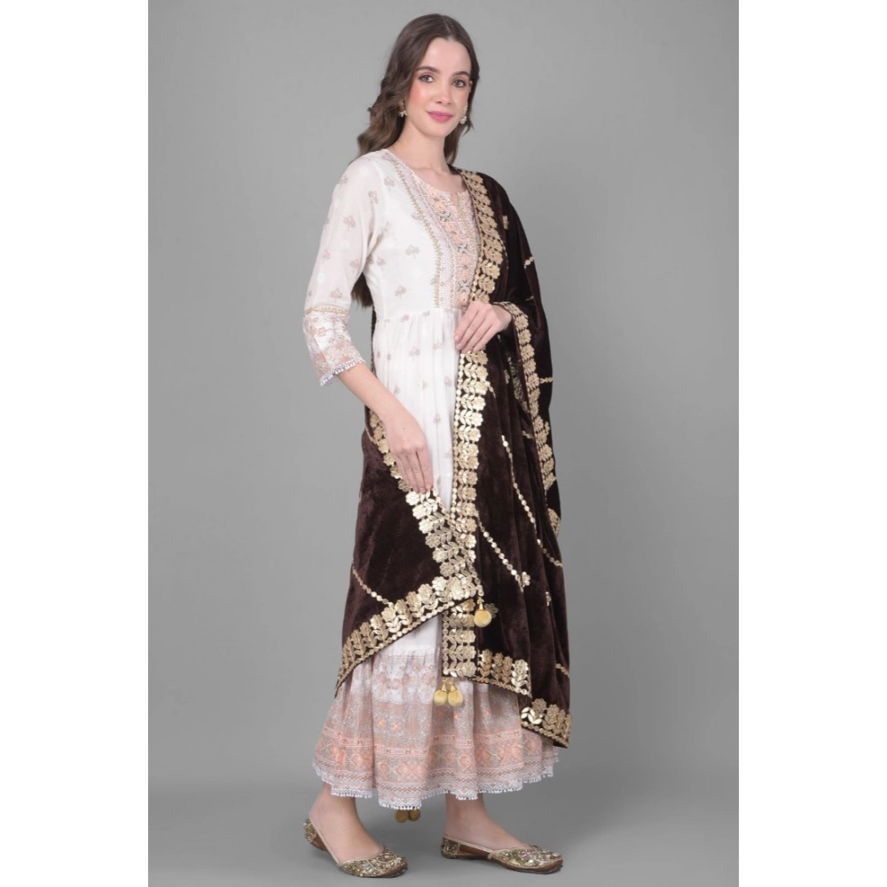 Generic Women's Velvet Gotta Patti Dupatta (Brown, Length: 2.25 to 2.50 Mtr) - Image 2