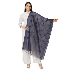 Generic Women's Cotton Embroidered Dupatta (Dark Blue, Length: 2.25 to 2.50 Mtr)