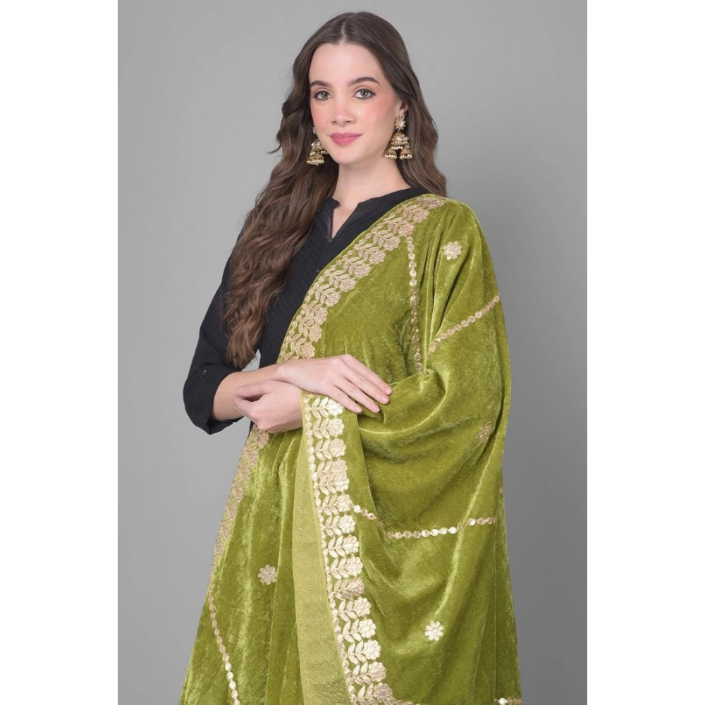 Generic Women's Velvet Gotta Patti Dupatta (Olive, Length: 2.25 to 2.50 Mtr) - Image 3