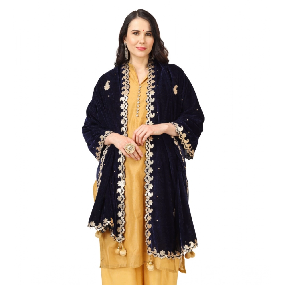 Generic Women's Velvet Gotta Patti Dupatta (Blue, Length: 2.25 to 2.50 Mtr) - Image 3