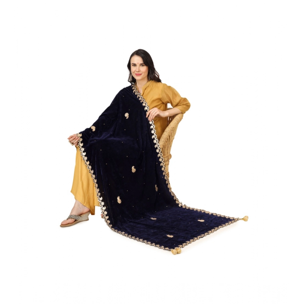Generic Women's Velvet Gotta Patti Dupatta (Blue, Length: 2.25 to 2.50 Mtr) - Image 2