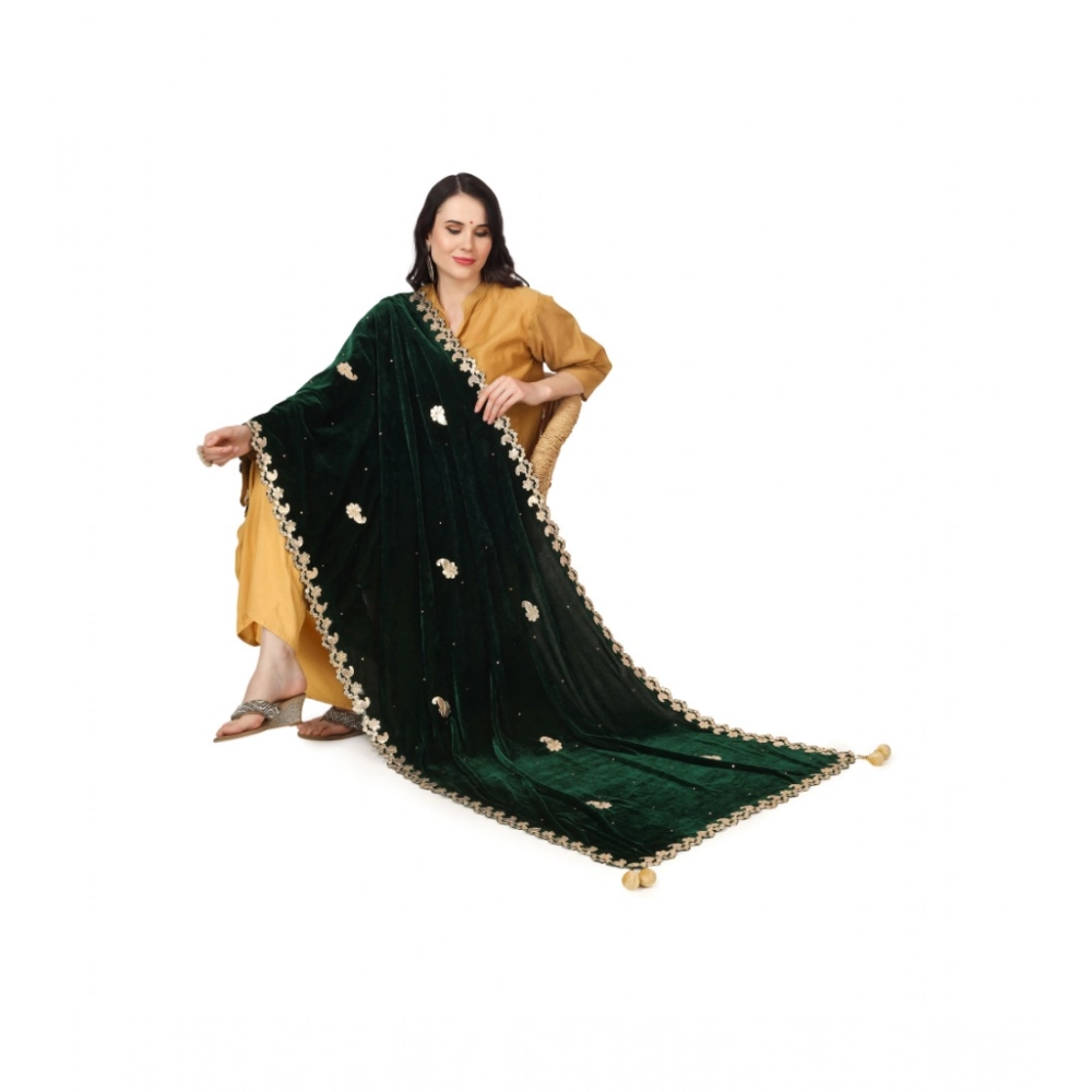 Generic Women's Velvet Gotta Patti Dupatta (Green, Length: 2.25 to 2.50 Mtr) - Image 2