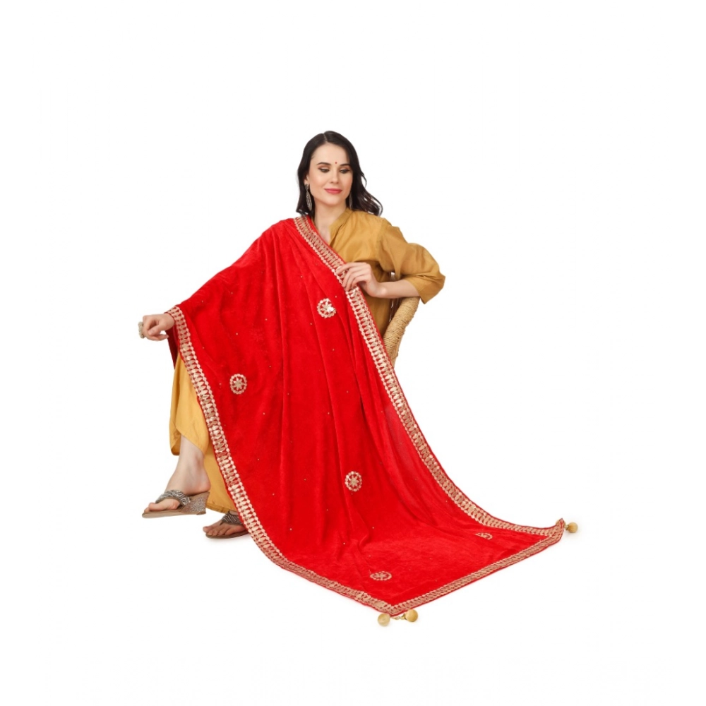 Generic Women's Velvet Gotta Patti Dupatta (Red, Length: 2.25 to 2.50 Mtr) - Image 2