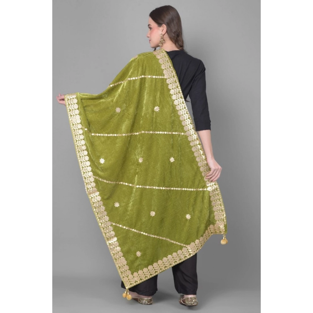 Generic Women's Velvet Gotta Patti Dupatta (Olive, Length: 2.25 to 2.50 Mtr) - Image 4