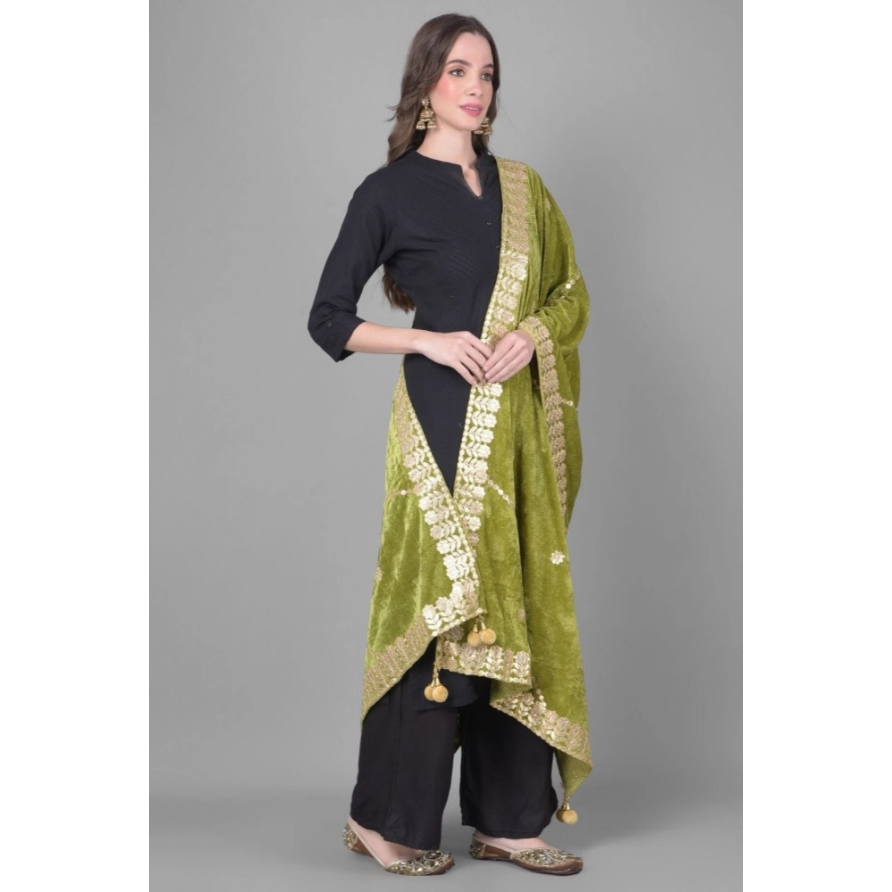 Generic Women's Velvet Gotta Patti Dupatta (Olive, Length: 2.25 to 2.50 Mtr) - Image 2