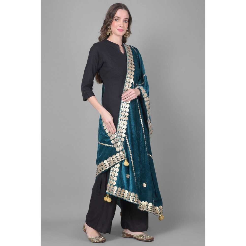 Generic Women's Velvet Gotta Patti Dupatta (Teal, Length: 2.25 to 2.50 Mtr) - Image 3