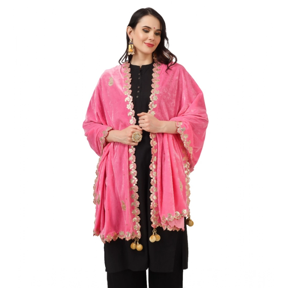 Generic Women's Velvet Gotta Patti Dupatta (Pink, Length: 2.25 to 2.50 Mtr) - Image 3
