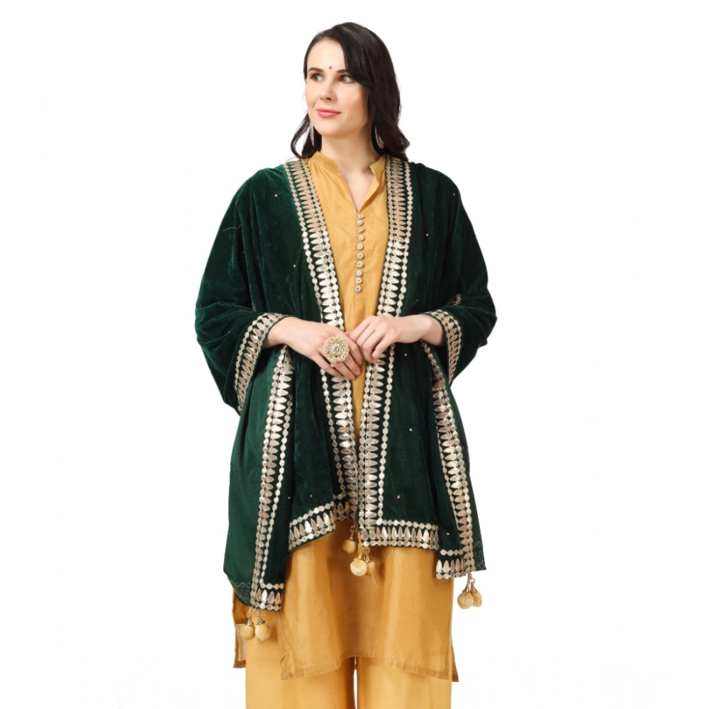 Generic Women's Velvet Gotta Patti Dupatta (Green, Length: 2.25 to 2.50 Mtr) - Image 3