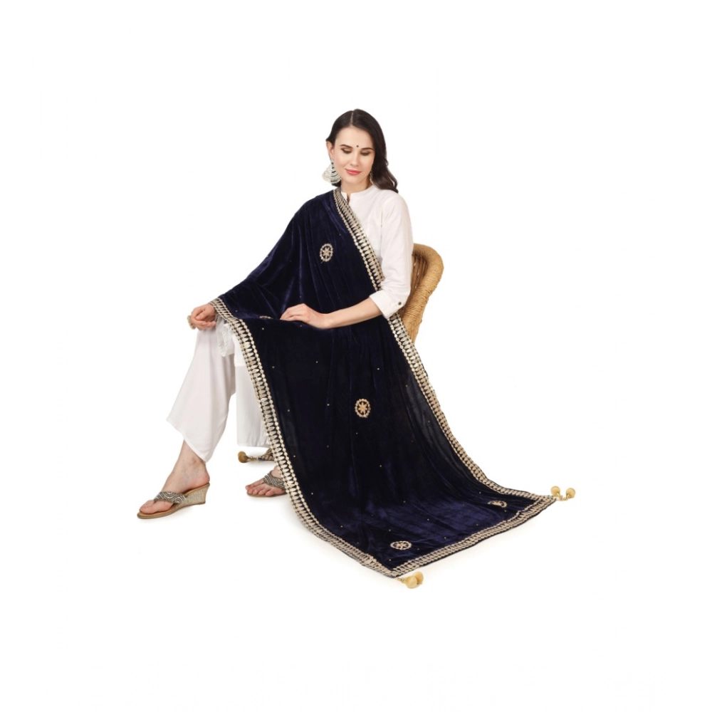 Generic Women's Velvet Gotta Patti Dupatta (Blue, Length: 2.25 to 2.50 Mtr) - Image 2