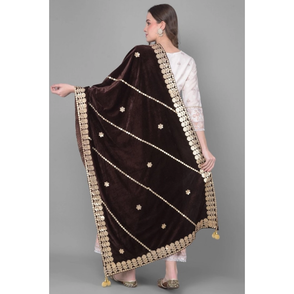 Generic Women's Velvet Gotta Patti Dupatta (Brown, Length: 2.25 to 2.50 Mtr) - Image 4