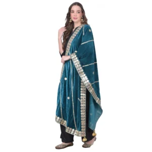 Generic Women's Velvet Gotta Patti Dupatta (Teal, Length: 2.25 to 2.50 Mtr)