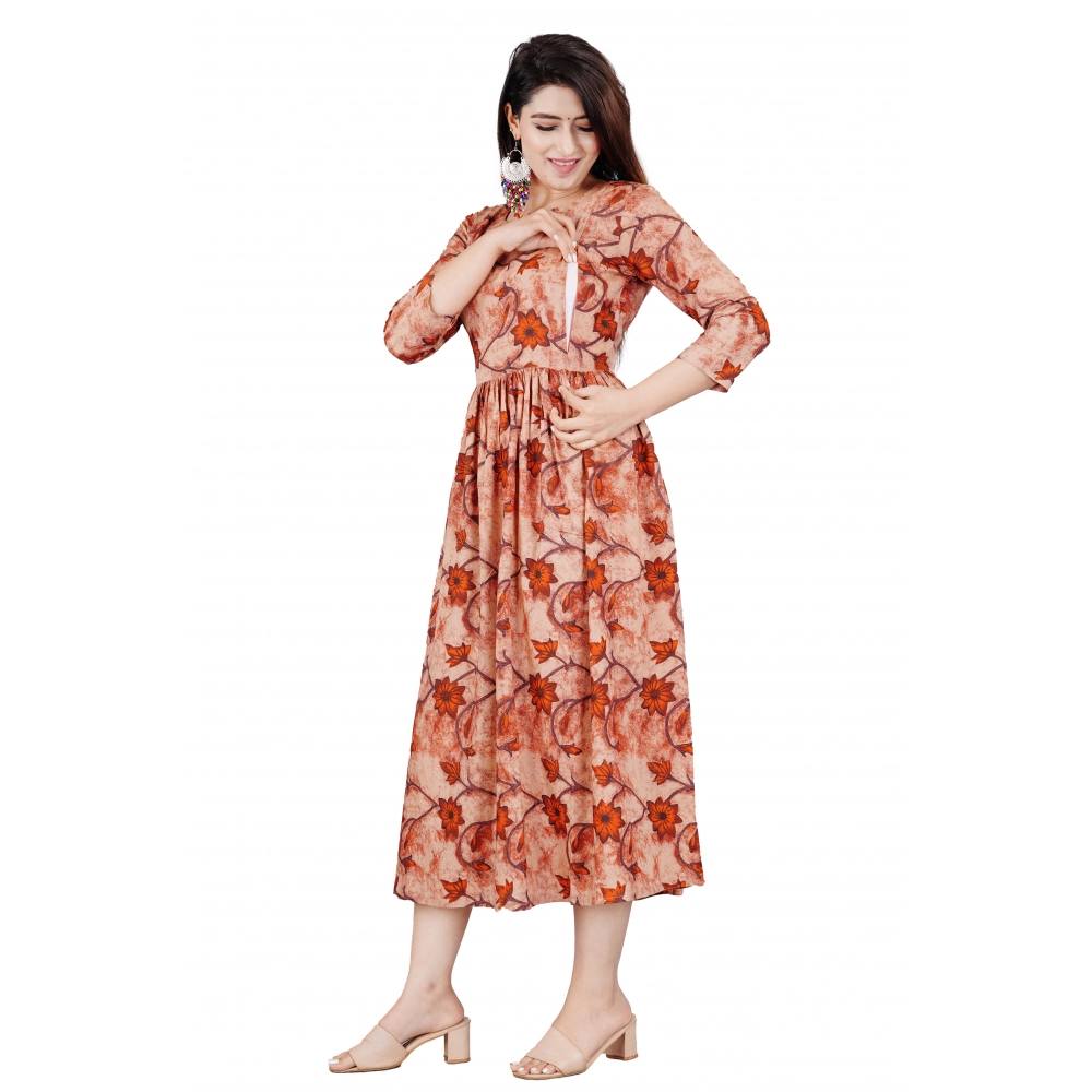 Generic Women's Casual 3/4 Sleeve Printed Viscose Maternity Feeding Kurti (Brown)