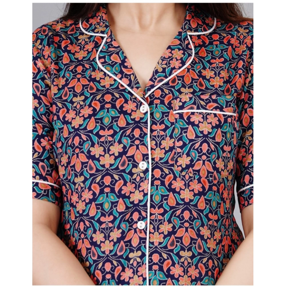 Generic Women's Casual Half Sleeve Printed Viscose Rayon Shirt With Pyjama Pant Night Suit Set (Blue) - Image 2