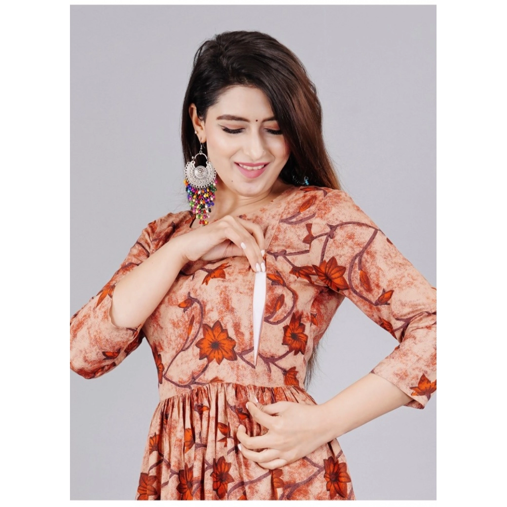 Generic Women's Casual 3/4 Sleeve Printed Viscose Maternity Feeding Kurti (Brown) - Image 4