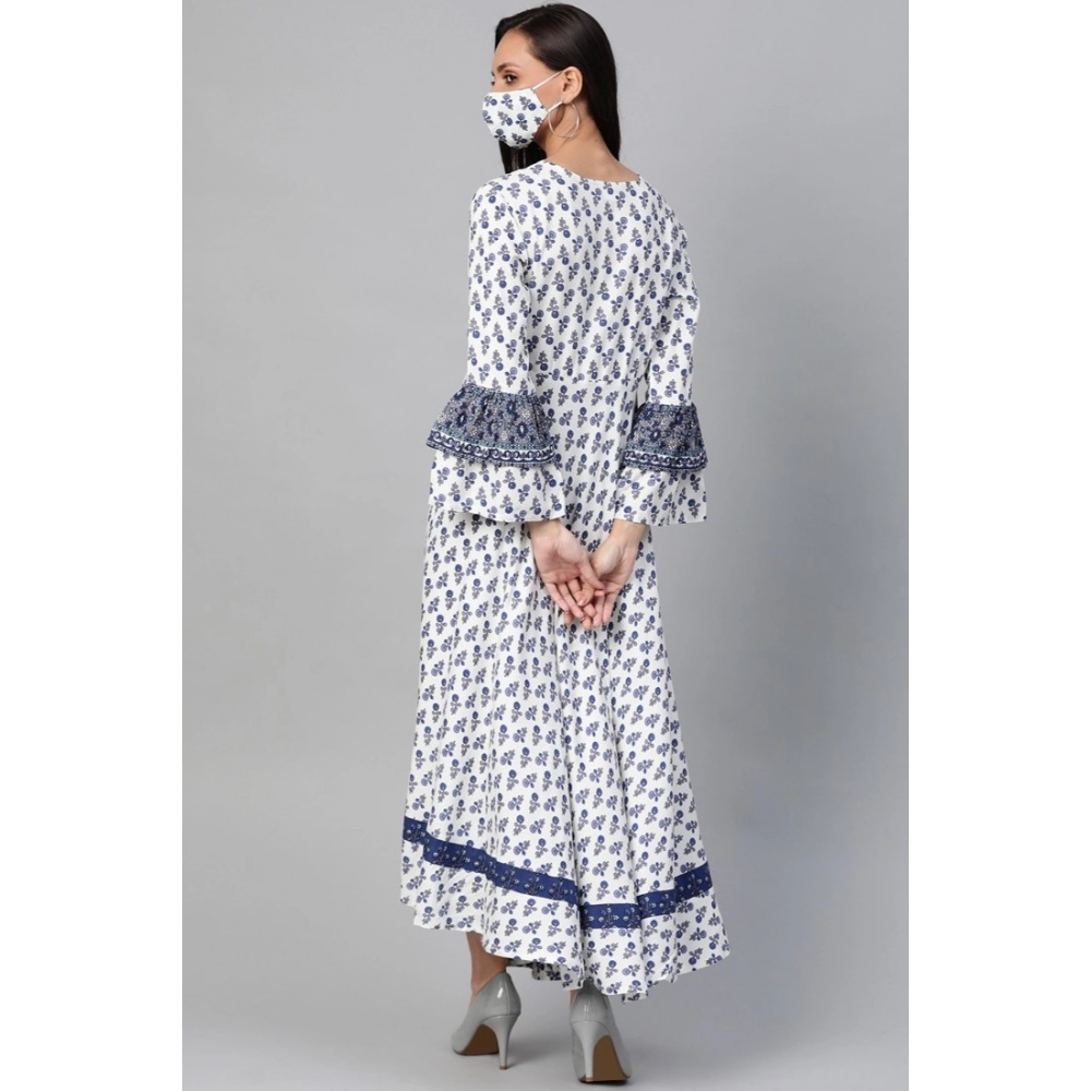 Generic Women's Casual Bell Sleeve Floral Printed Rayon Dress (White & Blue) - Image 2