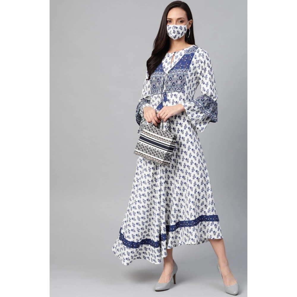 Generic Women's Casual Bell Sleeve Floral Printed Rayon Dress (White & Blue) - Image 3