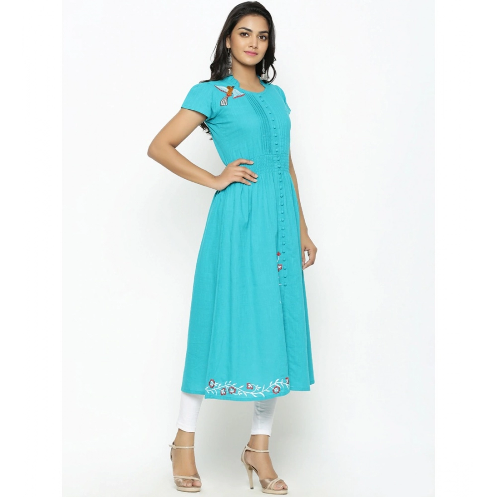 Generic Women's Casual Short Sleeve Embroidery Cotton Slub Kurti (Torque Green) - Image 3