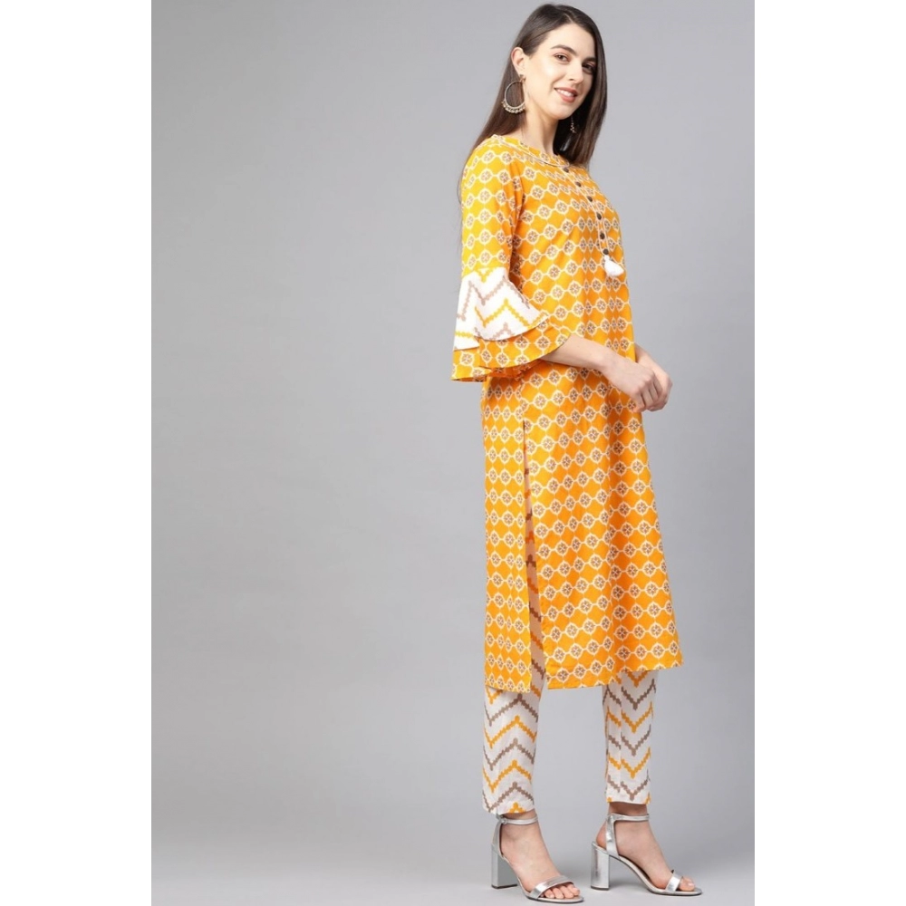 Generic Women's Casual 3/4 th Sleeve Floral Printed Cotton Kurti Set (Mustard) - Image 4