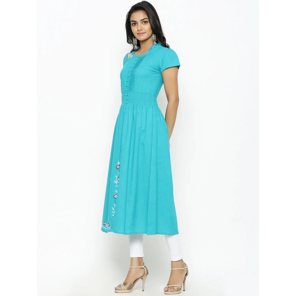 Generic Women's Casual Short Sleeve Embroidery Cotton Slub Kurti (Torque Green) - Image 5