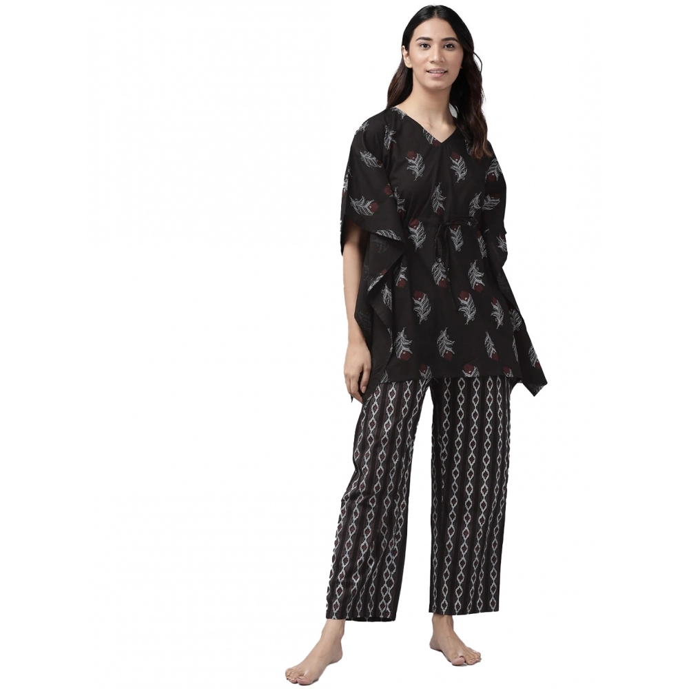 Generic Women's Casual Kimono Sleeve Floral Printed Cotton Pyjama Set (Black)