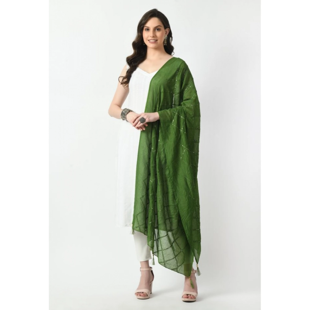Generic Women's Chanderi Self Design Dupatta (Mehandi, Length: Free Size) - Image 3