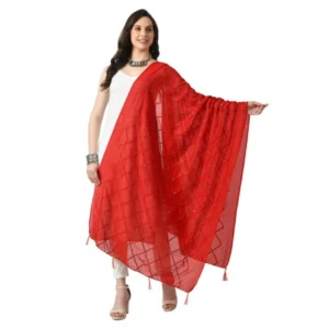 Generic Women's Chanderi Self Design Dupatta (Red, Length: Free Size)