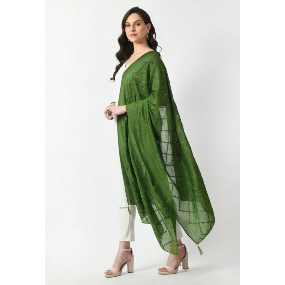 Generic Women's Chanderi Self Design Dupatta (Mehandi, Length: Free Size) - Image 2