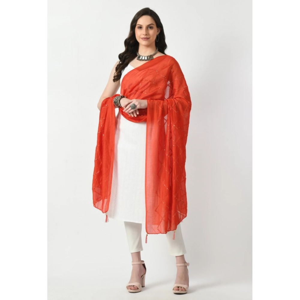 Generic Women's Chanderi Self Design Dupatta (Orange, Length: Free Size) - Image 2