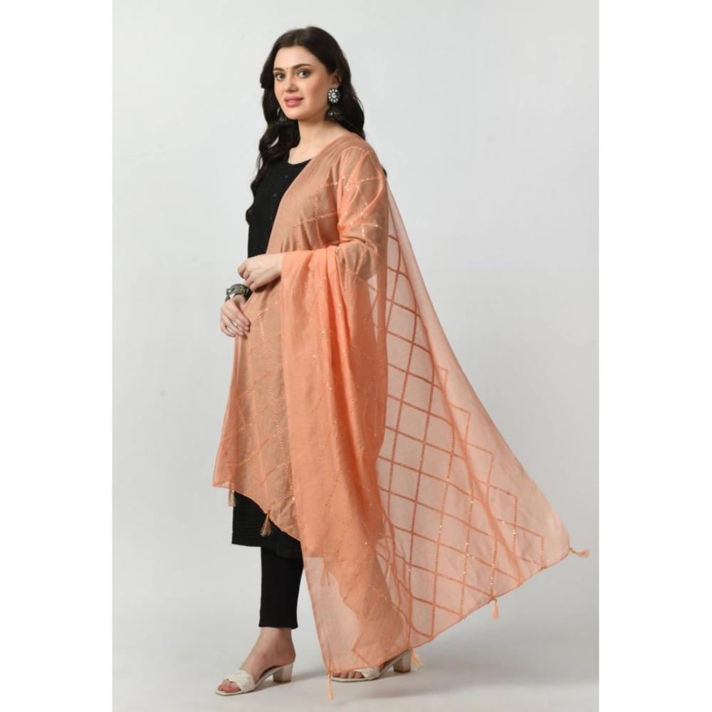 Generic Women's Chanderi Self Design Dupatta (Peach, Length: Free Size) - Image 3