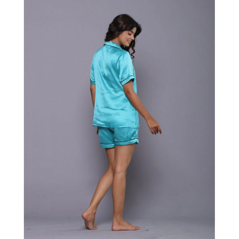 Generic Women's Casual Satin Half Sleeve Night Suit Set (Turquoise) - Image 6