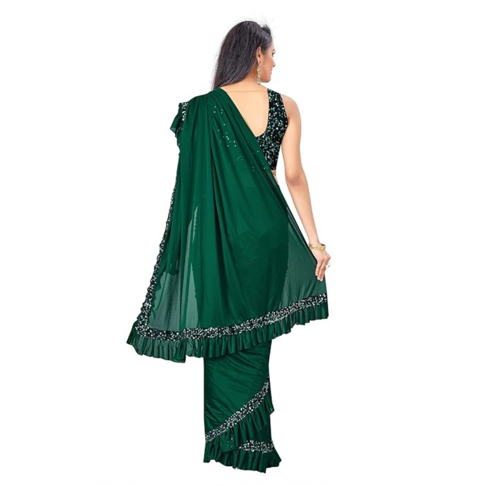 Generic Women's Lycra Solid Saree With Unstitched Blouse (Green, 5.5 Mtr) - Image 3
