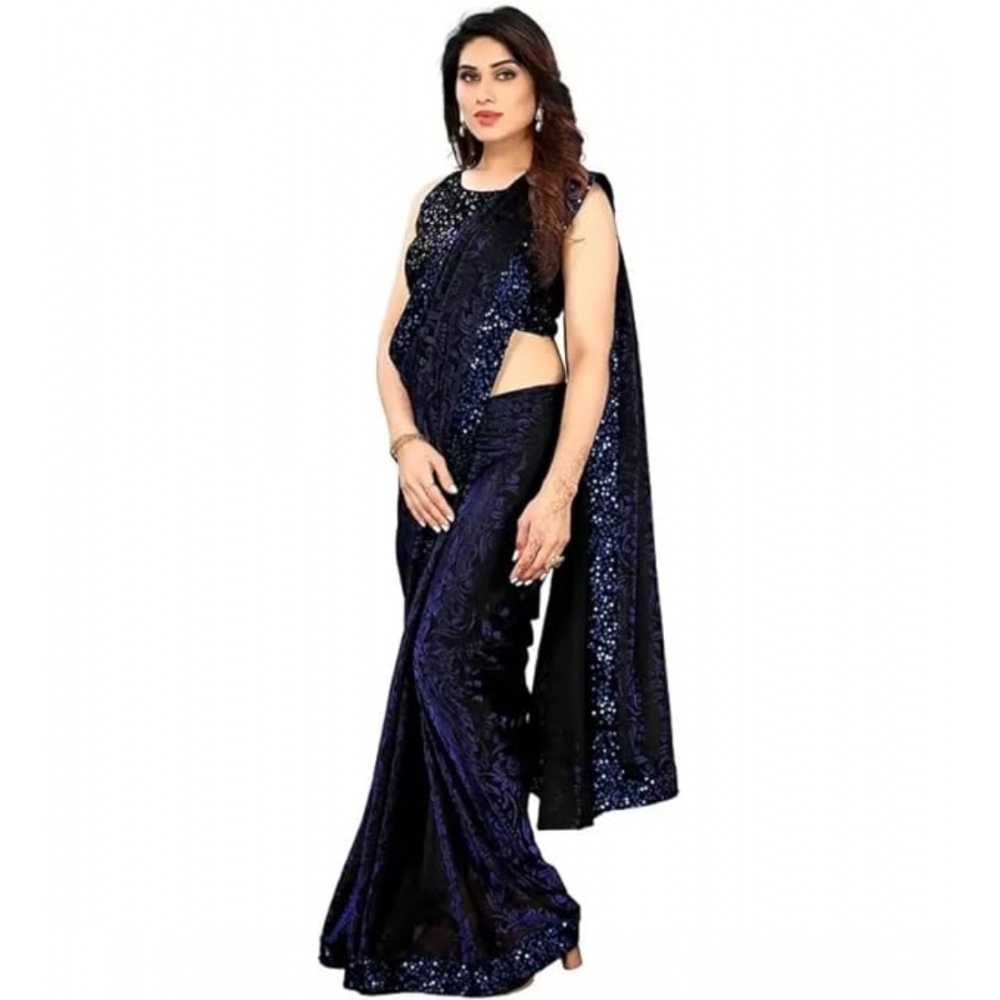Generic Women's Lycra Floral Saree With Unstitched Blouse (Blue, 5.5 Mtr) - Image 3