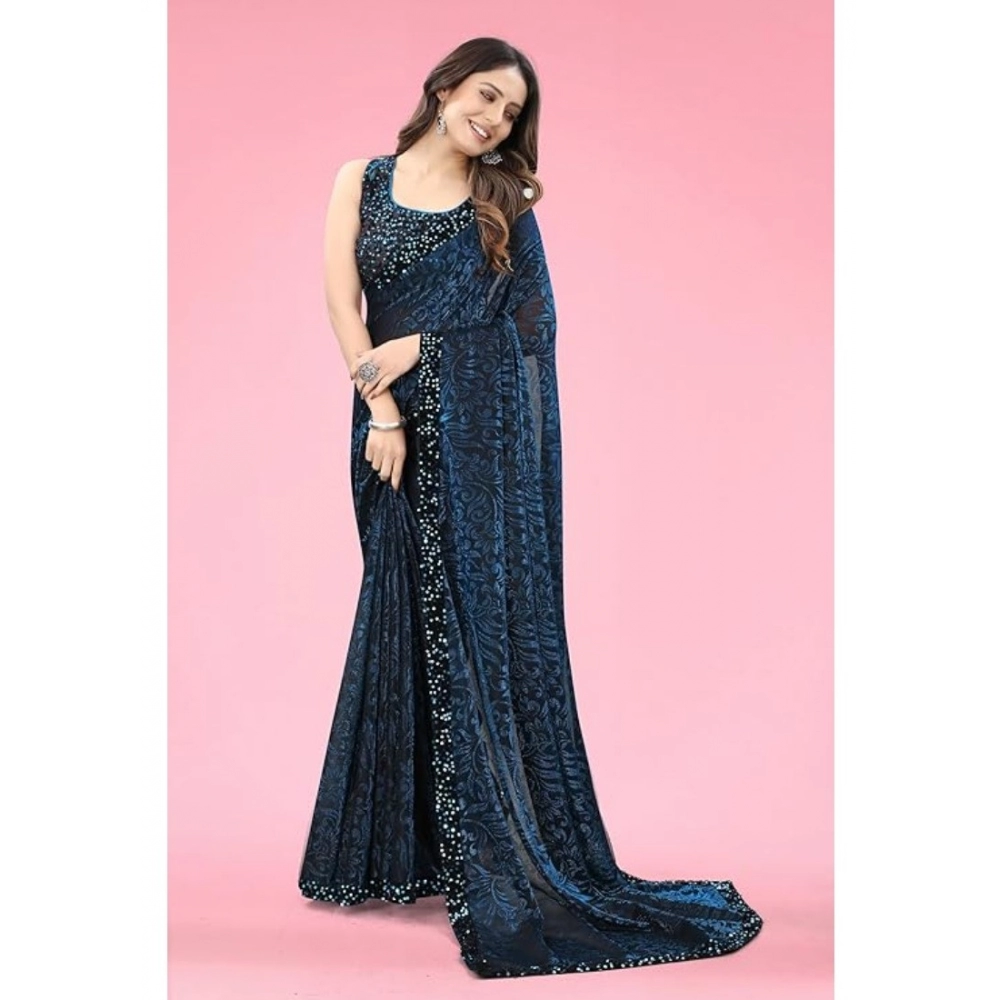 Generic Women's Lycra Floral Saree With Unstitched Blouse (Blue, 5.5 Mtr) - Image 3