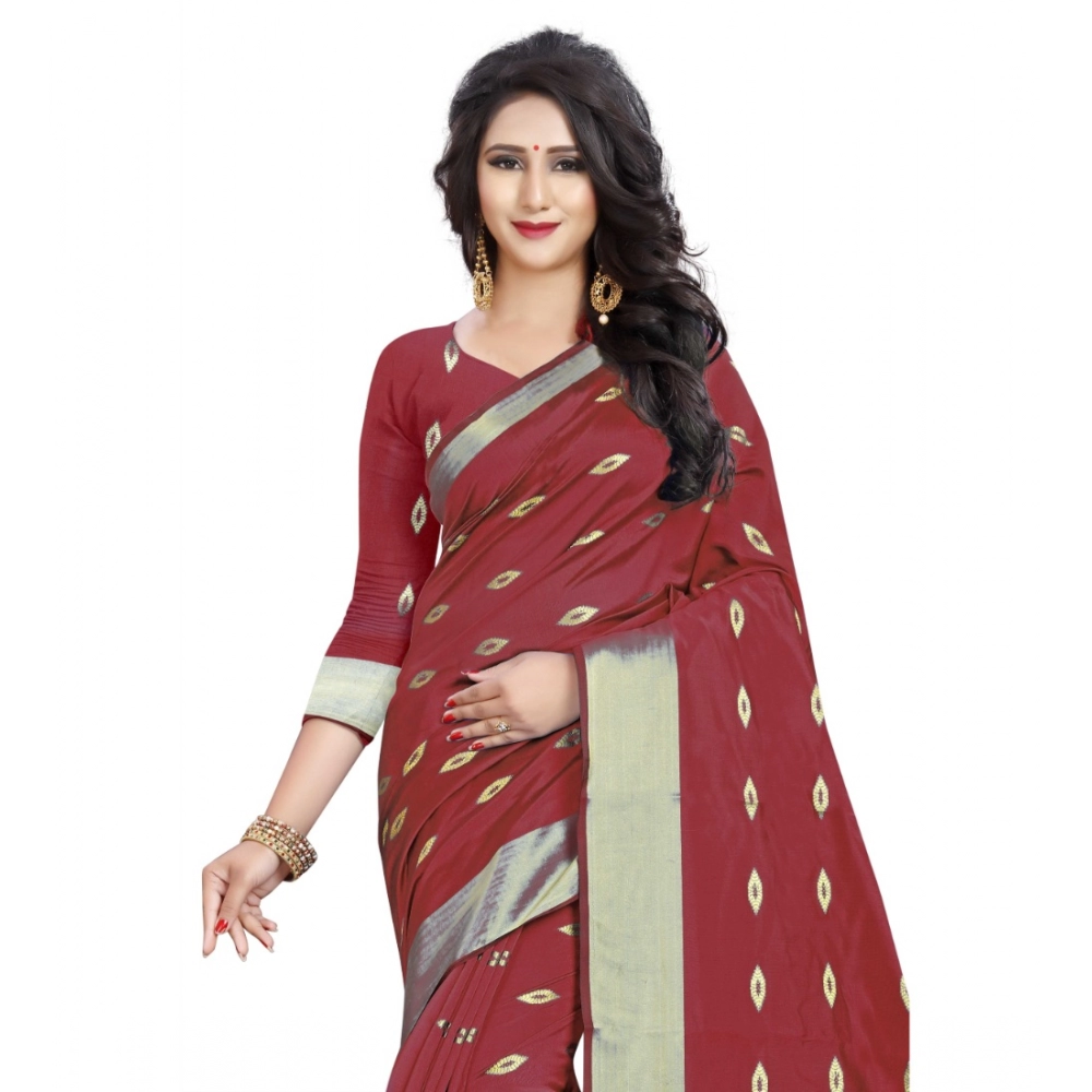Generic Women's Silk Blend Woven Saree With Unstitched Blouse 5.5Mtr (Red) - Image 2