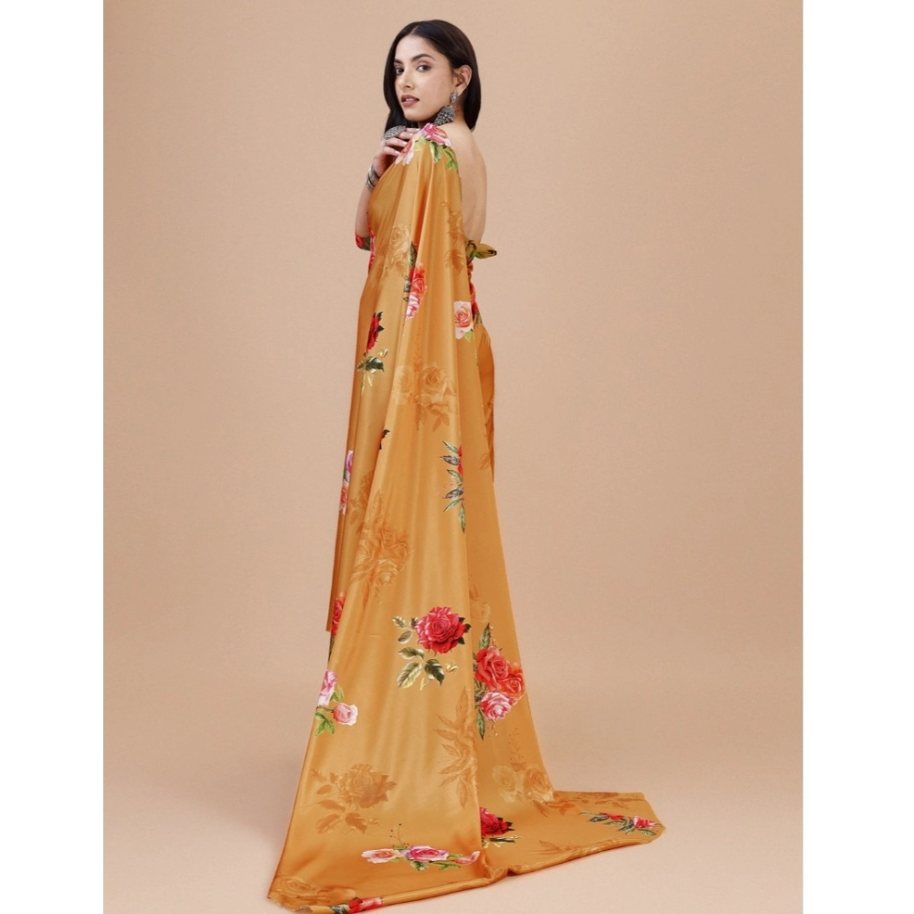 Generic Women's Crepe Digital Print Saree With Unstitched Blouse 5.5Mtr (Mustard) - Image 4