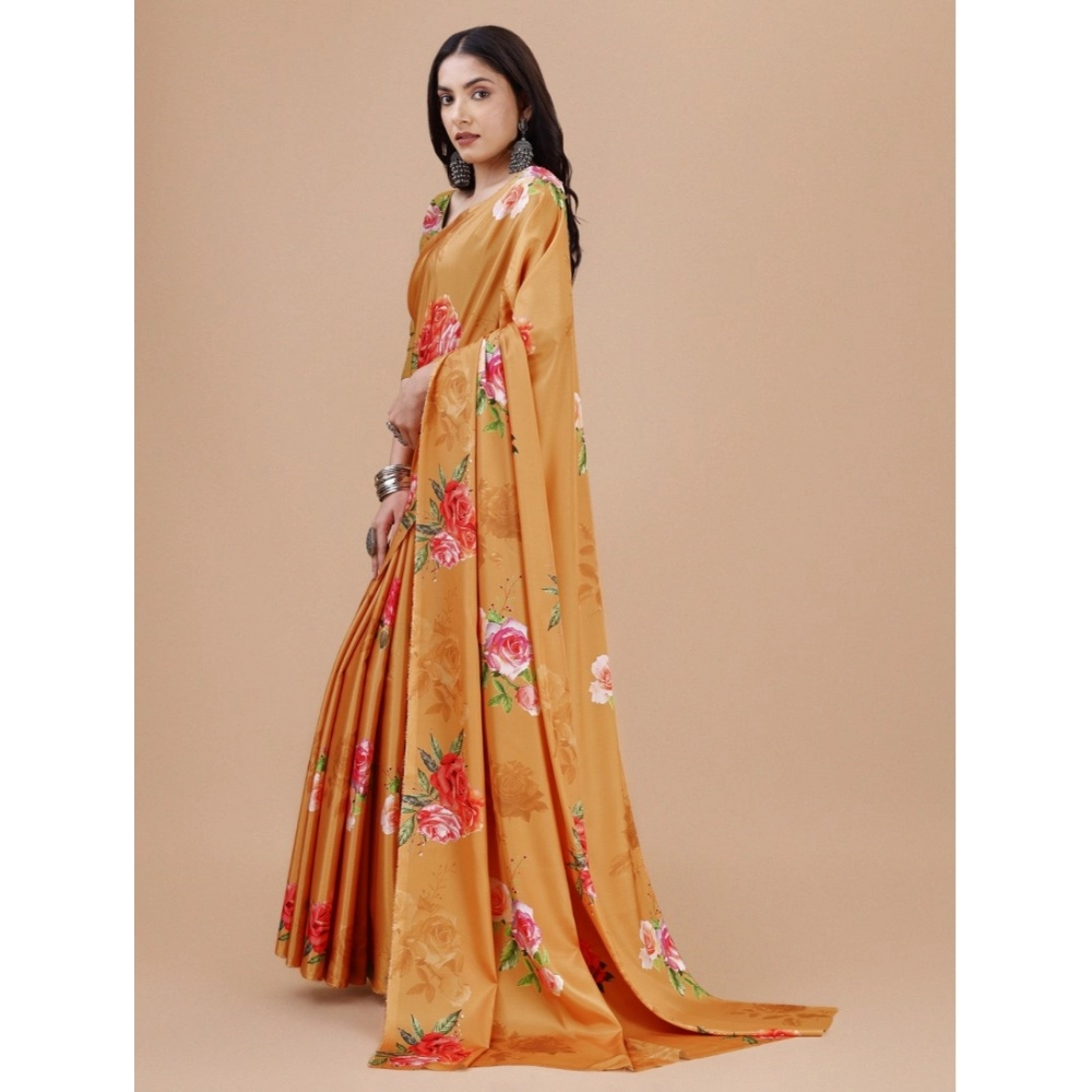 Generic Women's Crepe Digital Print Saree With Unstitched Blouse 5.5Mtr (Mustard) - Image 2