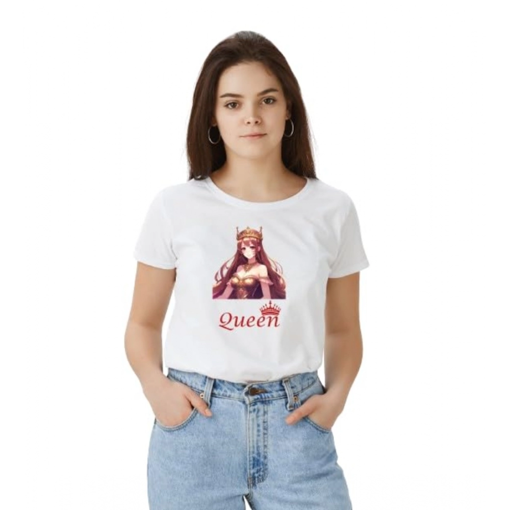 Generic Women's Polyester Solid Printed Round Neck Half Sleeve T-shirt (White)