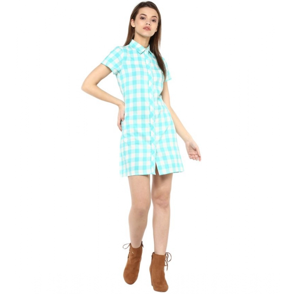 Generic Women's Rayon Checkered Short Sleeve Above Knee Dress (SkuBlue - White) - Image 6